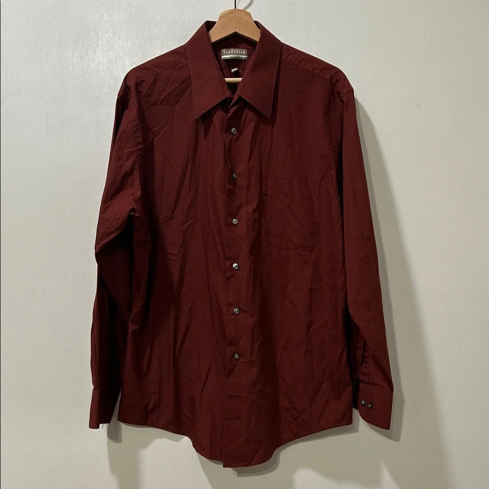 VANHEUSEN MENS BURGUNDY LONG SLEEVE BUTTON UP SHIRT FITTED Sz 34/35 - Picture 1 of 7